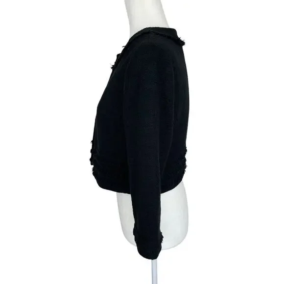 Karl Lagerfeld Paris Tweed Cropped Blazer Jacket Fringe Black Size Small Chic - Picture 4 of 15